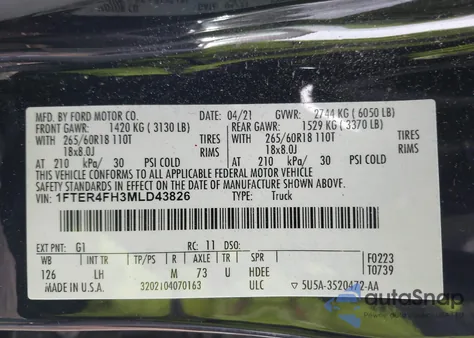 2021 Ford Ranger Xlt из США, поврежденный, VIN 1FTER4FH3MLD43826